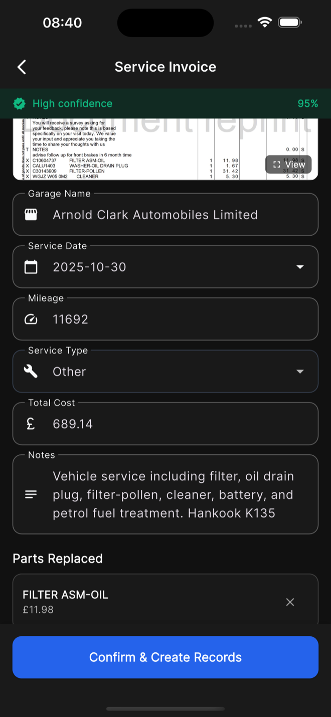 AI invoice scanning - extract date, cost, mileage, garage and parts