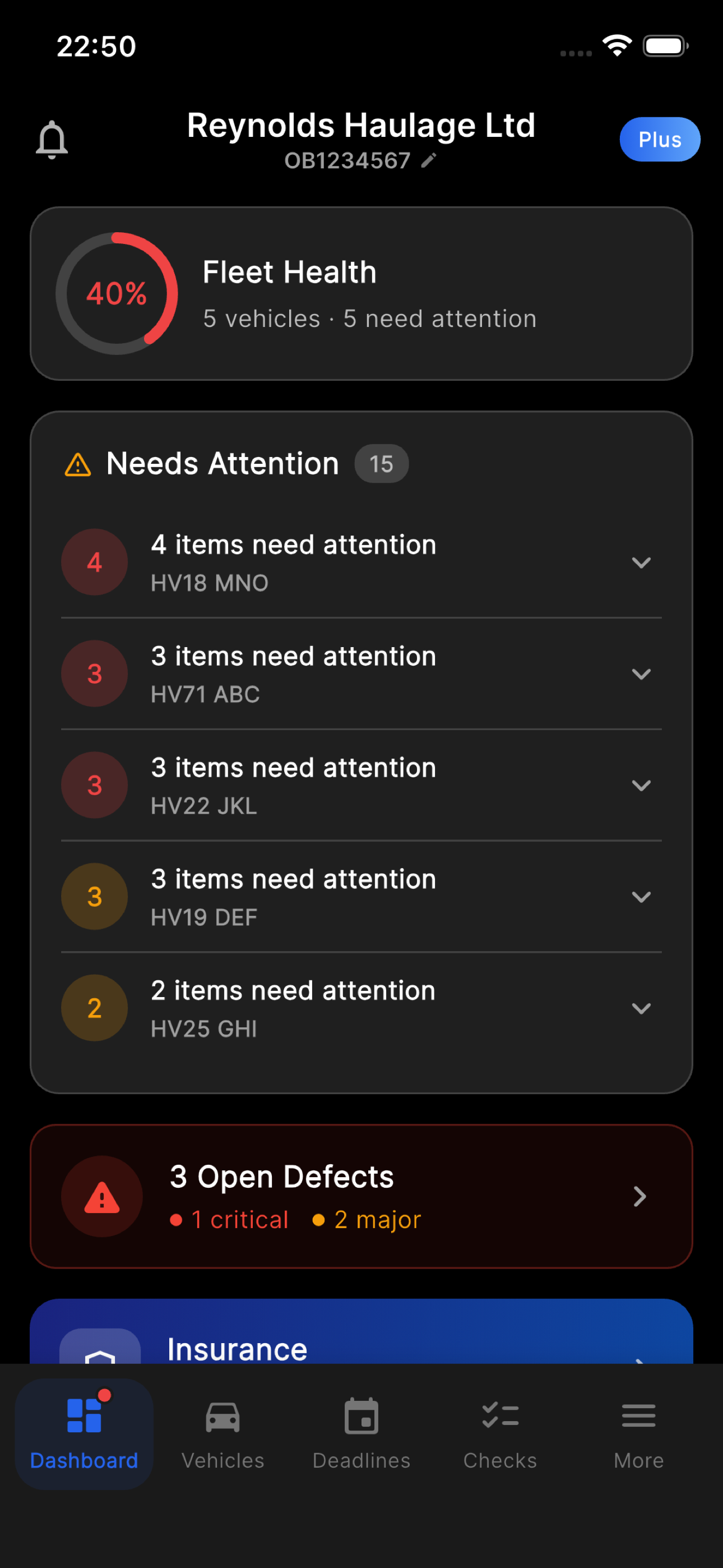 Autodue fleet dashboard showing Fleet Health score and compliance status