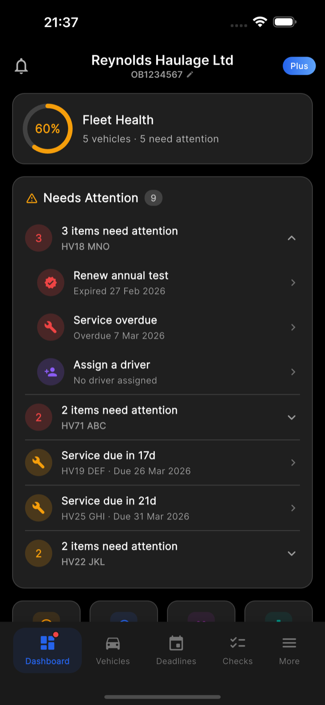 HGV Annual Test status tracking with expiry date and compliance status