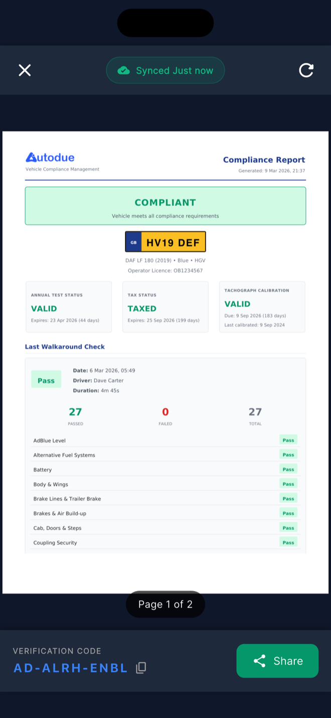 HGV compliance PDF with 27-point walkaround check results and verification code