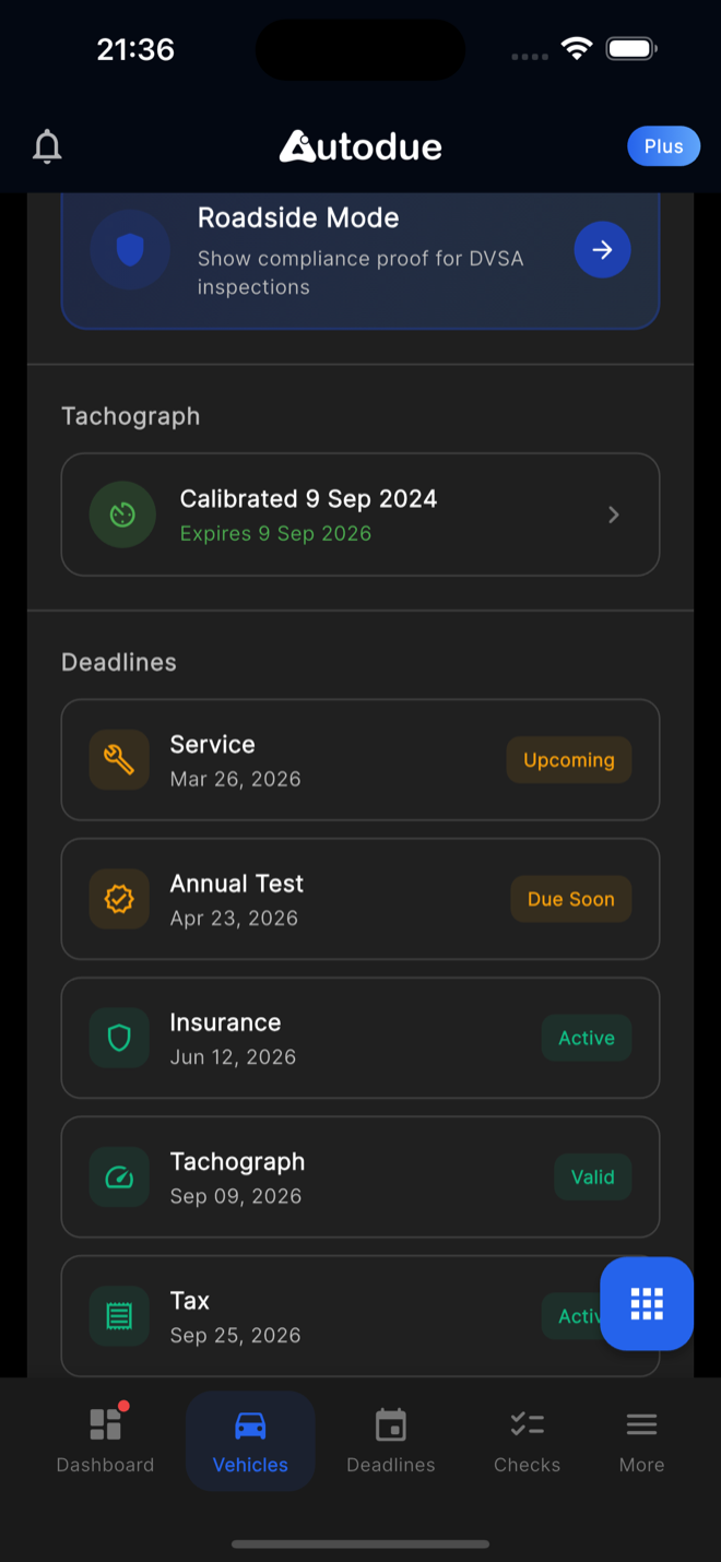 Tachograph calibration tracking and operator licence in Autodue