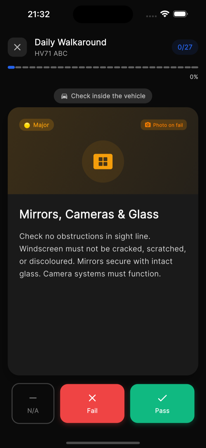 HGV 27-point DVSA walkaround check screen in Autodue app