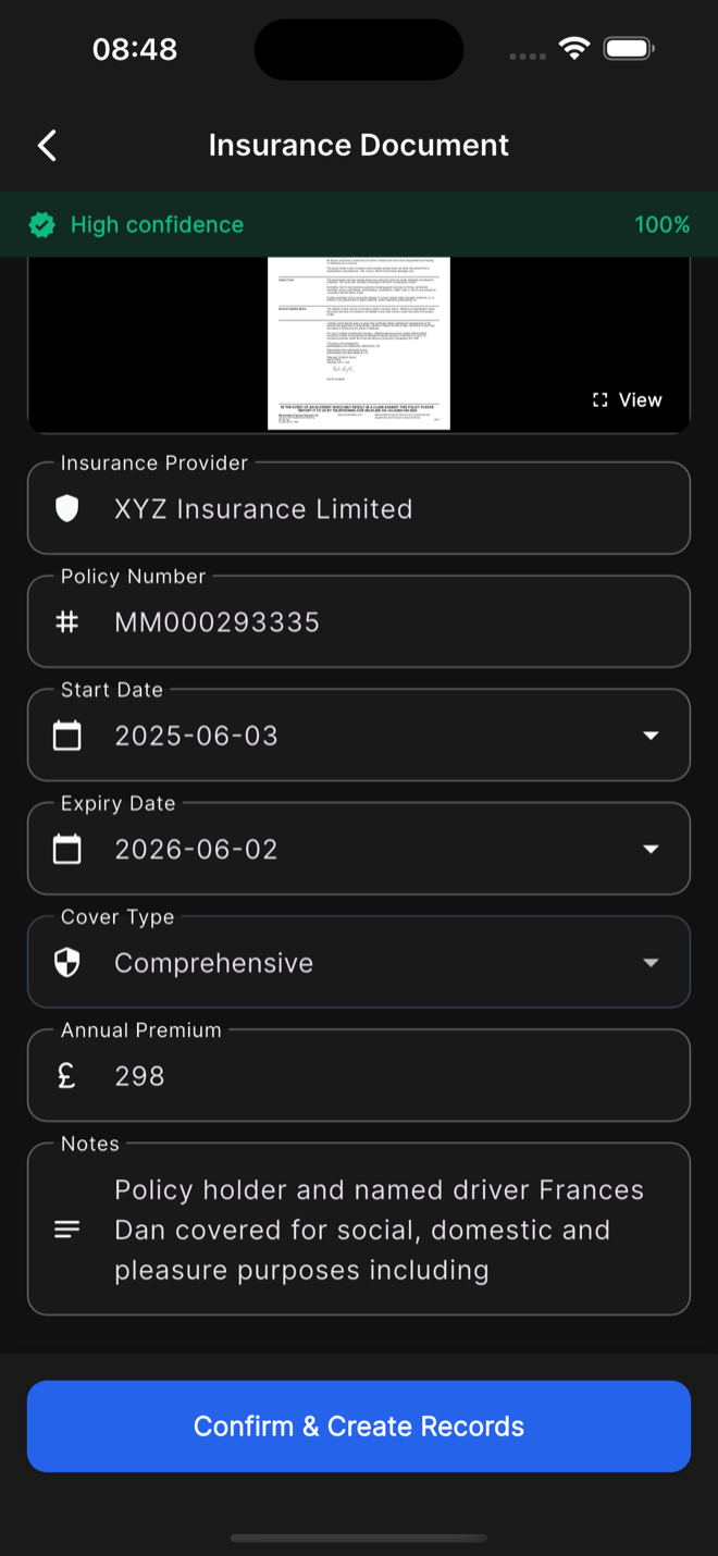 Insurance certificate scanning - AI extracts provider, policy and dates